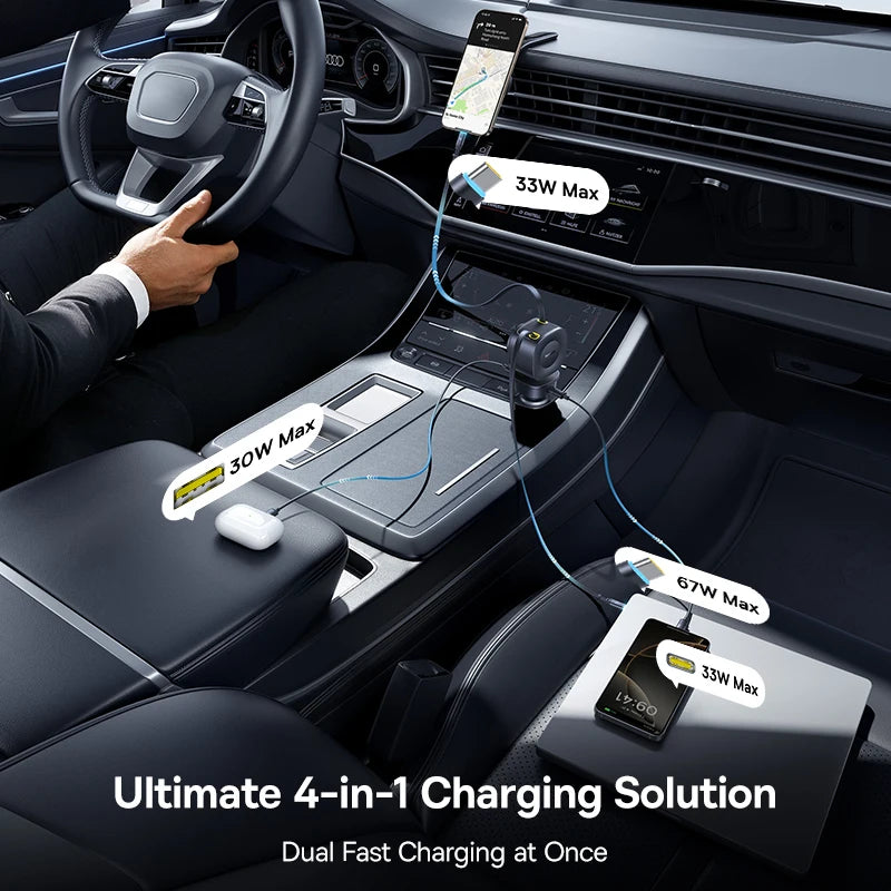 Auto-Schnellladegerät · Einziehbares Kabel 4-Port