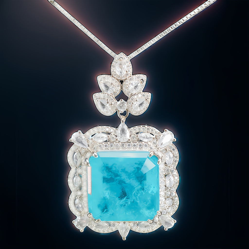 Paraiba Blau CZ Halo Anhänger Halskette