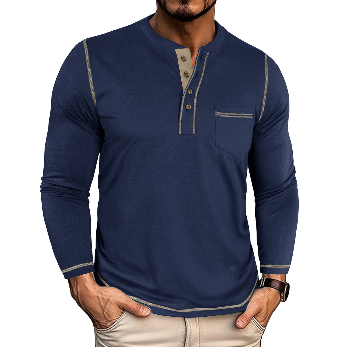 Langarm-T-Shirt mit Henley-Tasche – Bild 12 | LuxeStyle