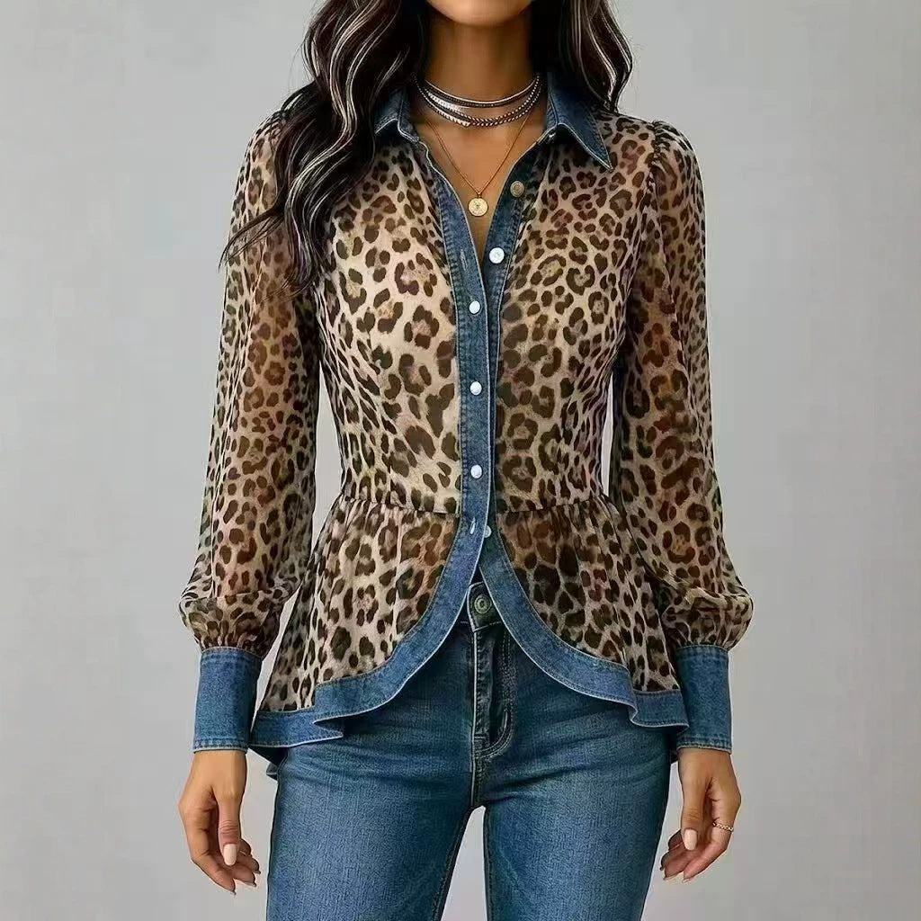 Leoparden-Patchwork Denim Langarmshirt – Ansicht 3