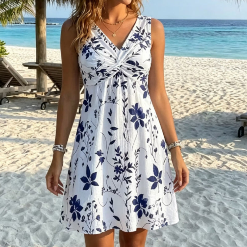 Geblümtes ärmelloses A-Linien-Kleid mit V-Ausschnitt | LuxeStyle