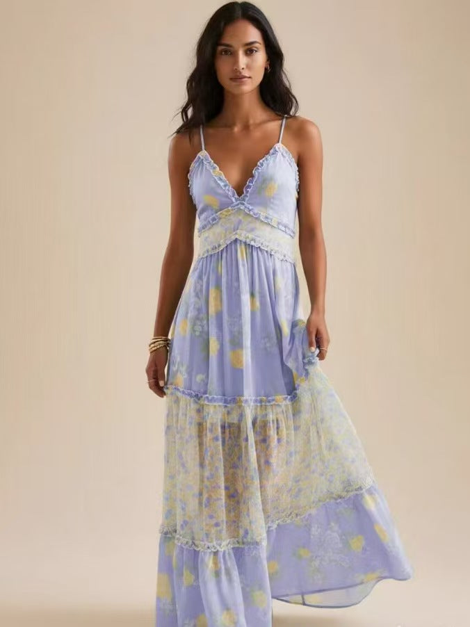 Geblümtes Chiffonkleid mit V-Ausschnitt
