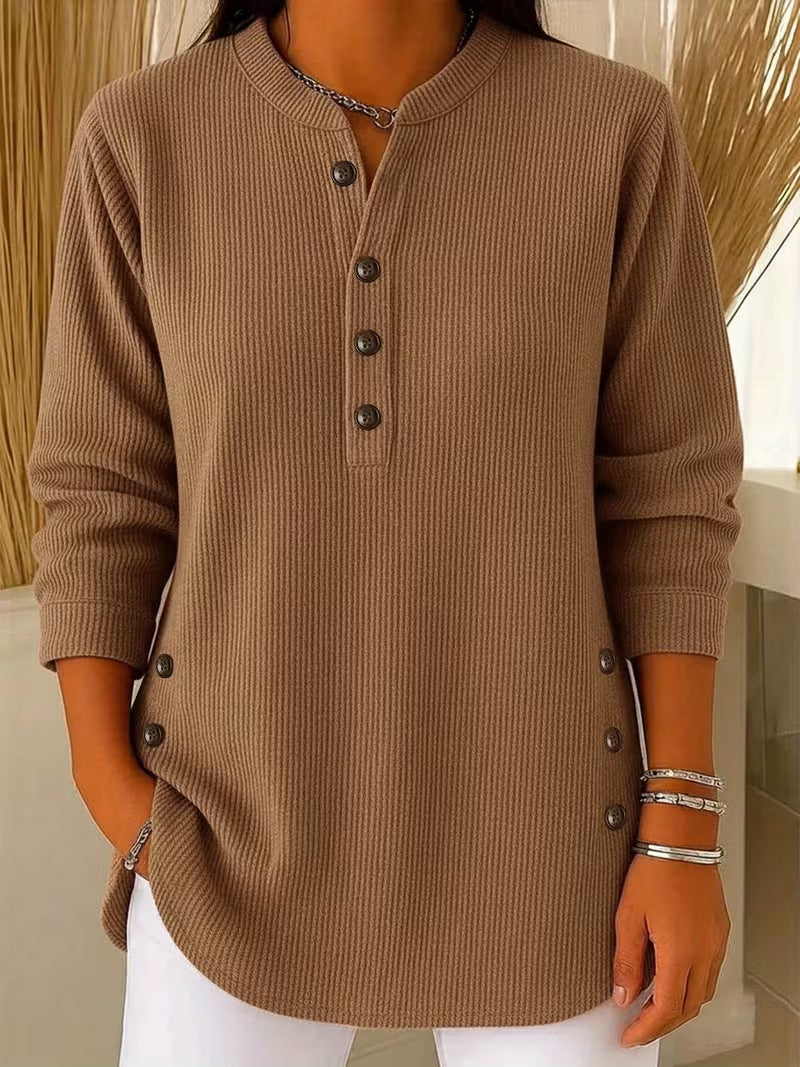 Corduroy V-Neck Langarmshirt mit Knöpfen