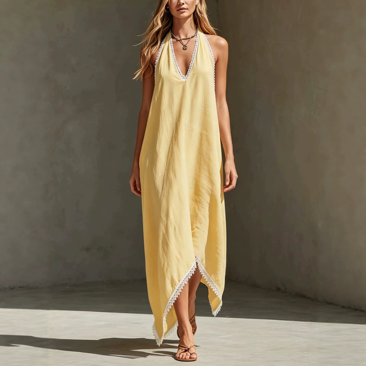 V-Ausschnitt Kleid mit Spitze – Gelb – Bild 3 | LuxeStyle