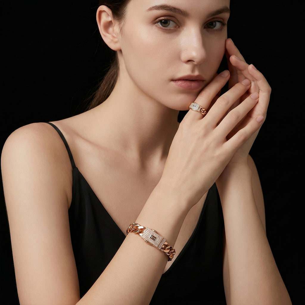 Hip-Hop Armband- und Ring-Set im Cuban-Link-Stil