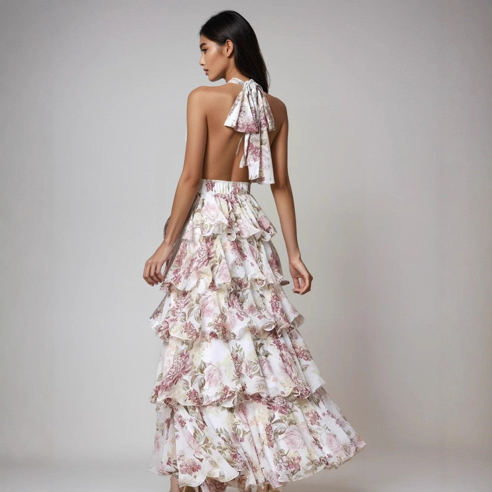 Damen V-Ausschnitt Träger Mehrlagiges Bedrucktes Kleid – Bild 5 | LuxeStyle