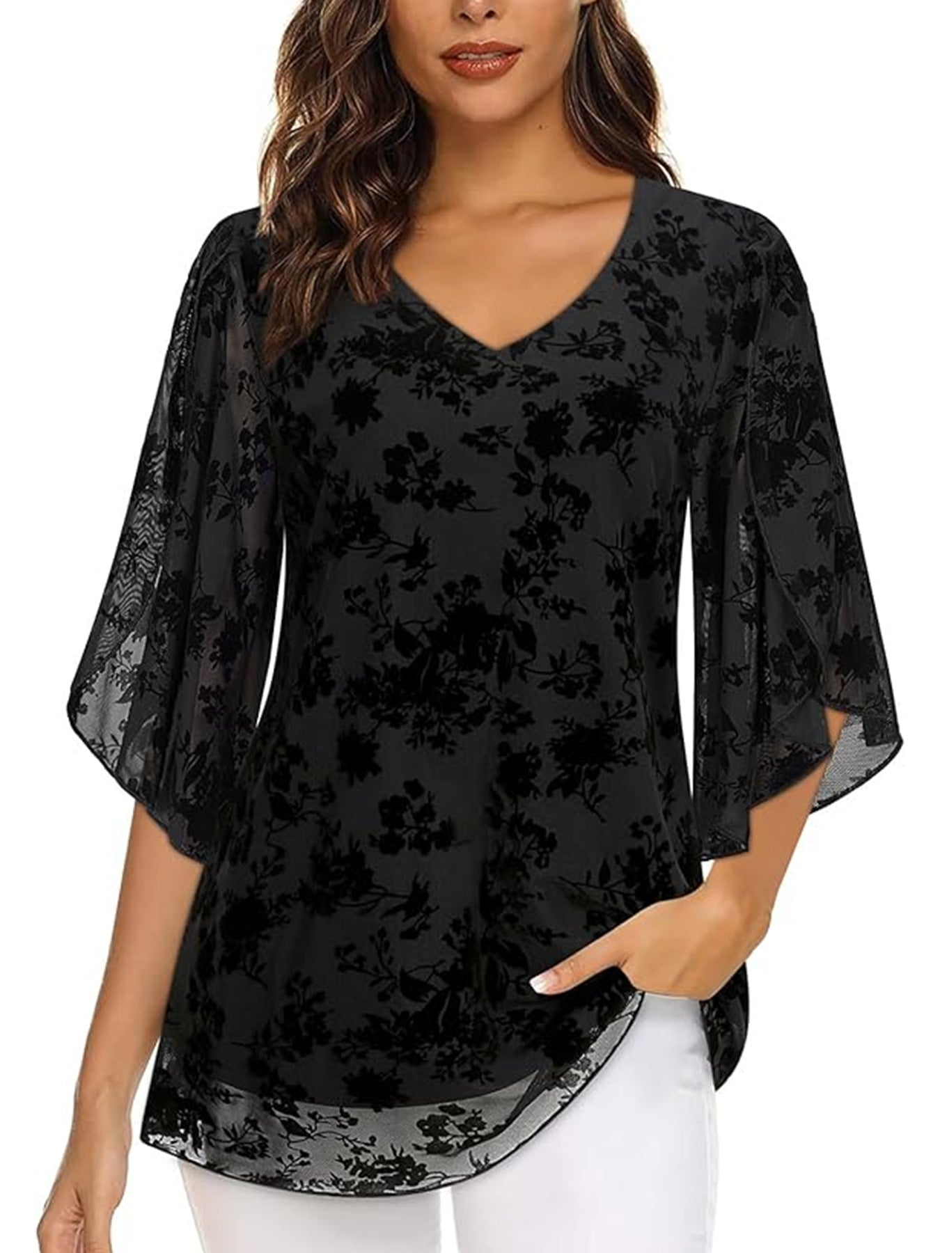 V-Neck Mesh Top mit 3/4-Ärmeln und Taillenschnürung