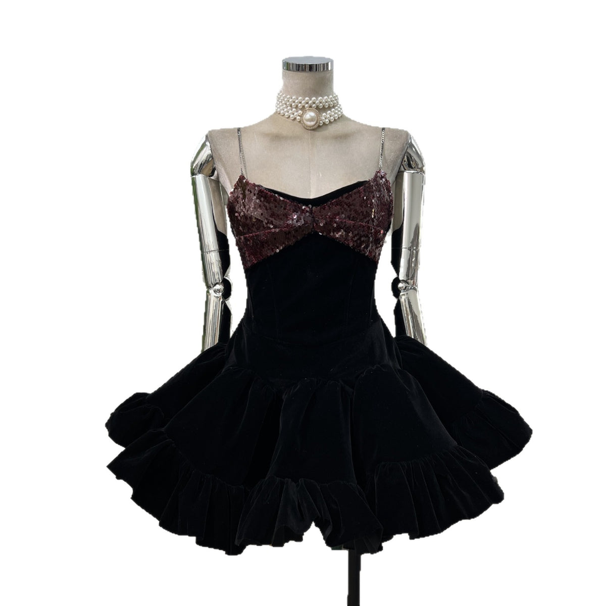 Samt-Patchwork A-Linien-Kleid – Bild 2 | LuxeStyle