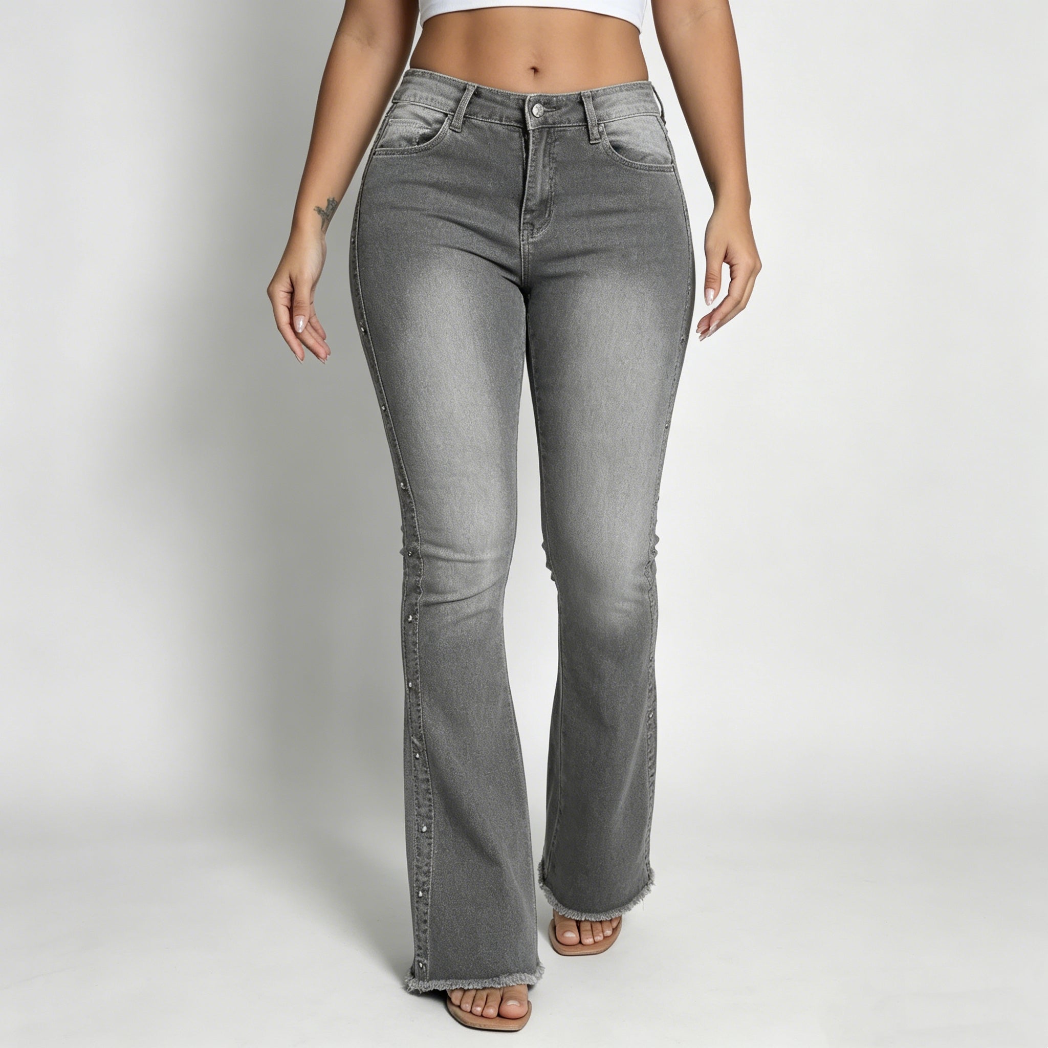 Stud-Details Hochtaillierte Flare-Jeans Grau-Wasch, Slim Bootcut (bis