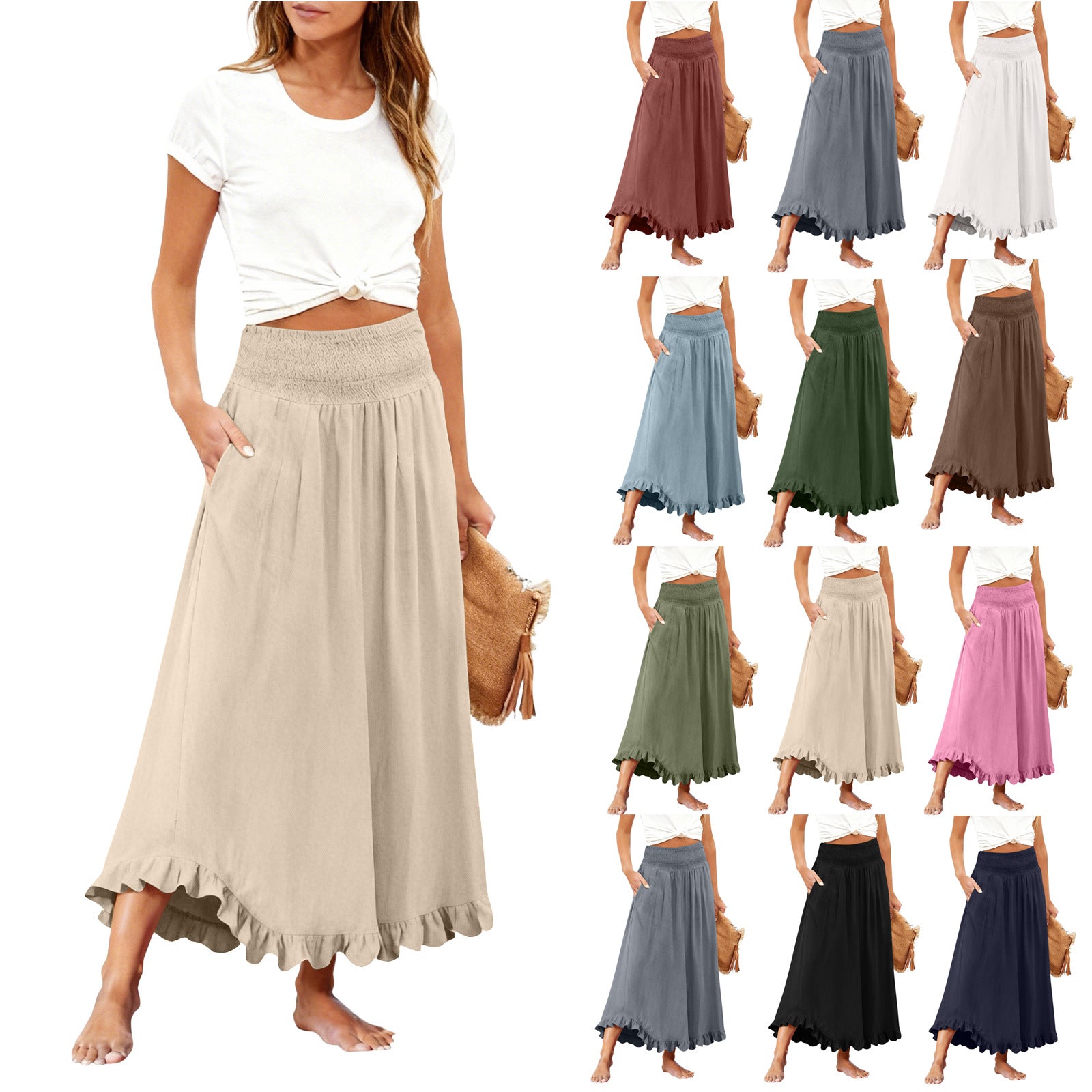 Eleganter Midirock mit hoher Taille und Rüschensaum – Ansicht 6