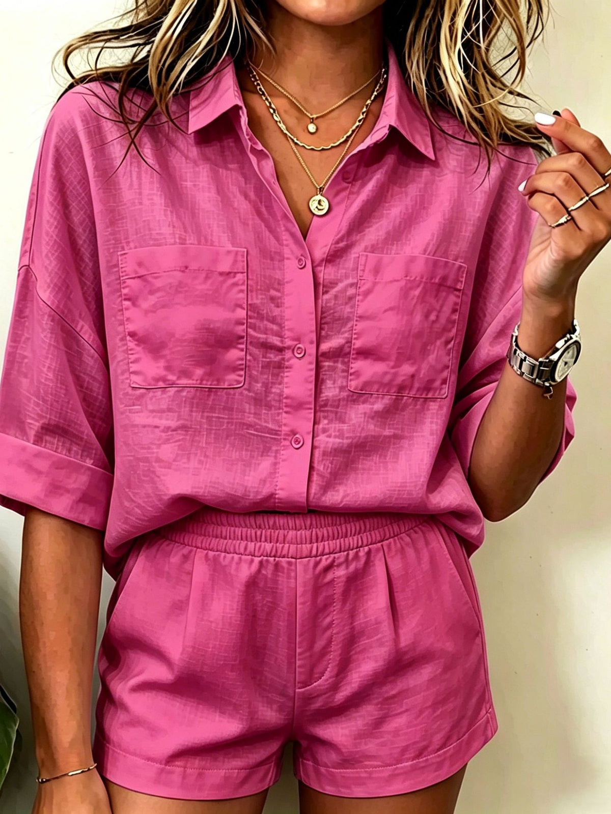 Einfarbiges Hemd- und Shorts-Set für Damen – Bild 3 | LuxeStyle