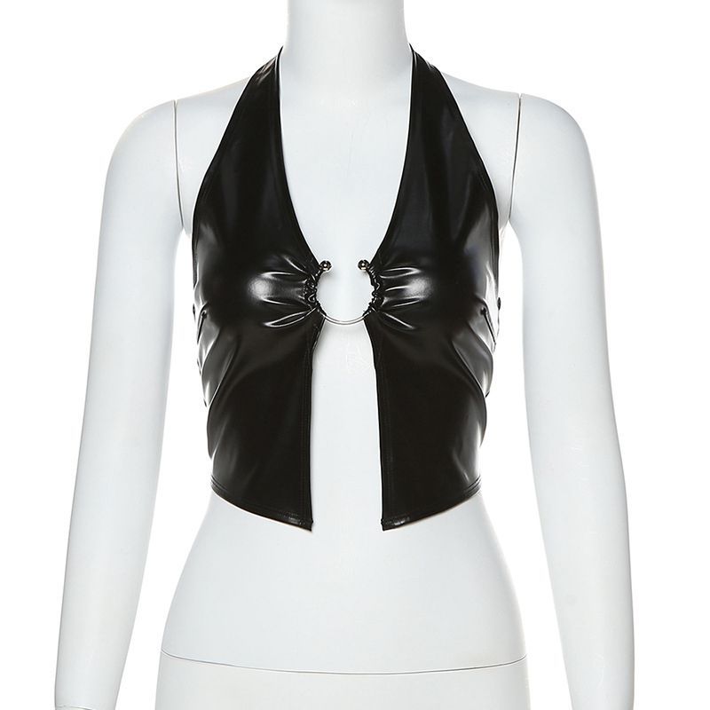 Halterneck Cutout Crop Top aus Kunstleder