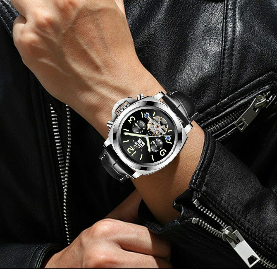 Mechanische Skelett-Herrenuhr mit Lederarmband – Bild 3 | LuxeStyle