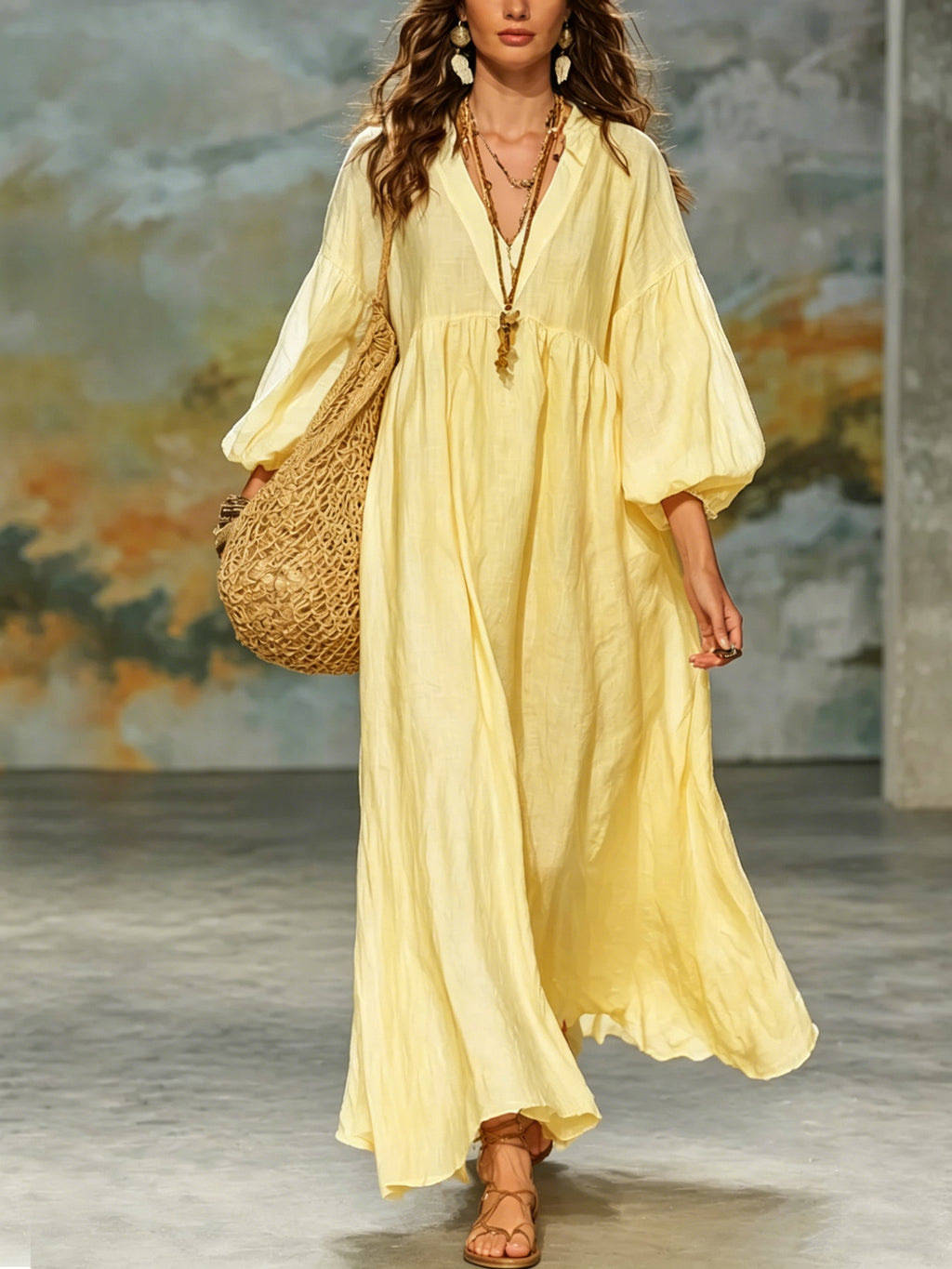 Deep-V-Kleid mit Laternenärmeln