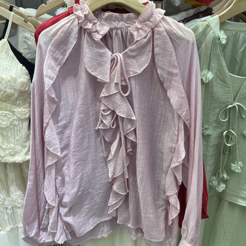 Elegante V-Neck Bluse mit Rüschen & Laternenärmeln