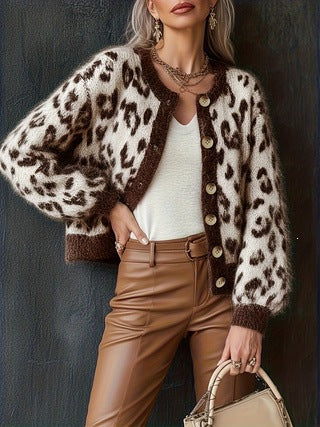 Jacquard Cardigan mit Leo-Print