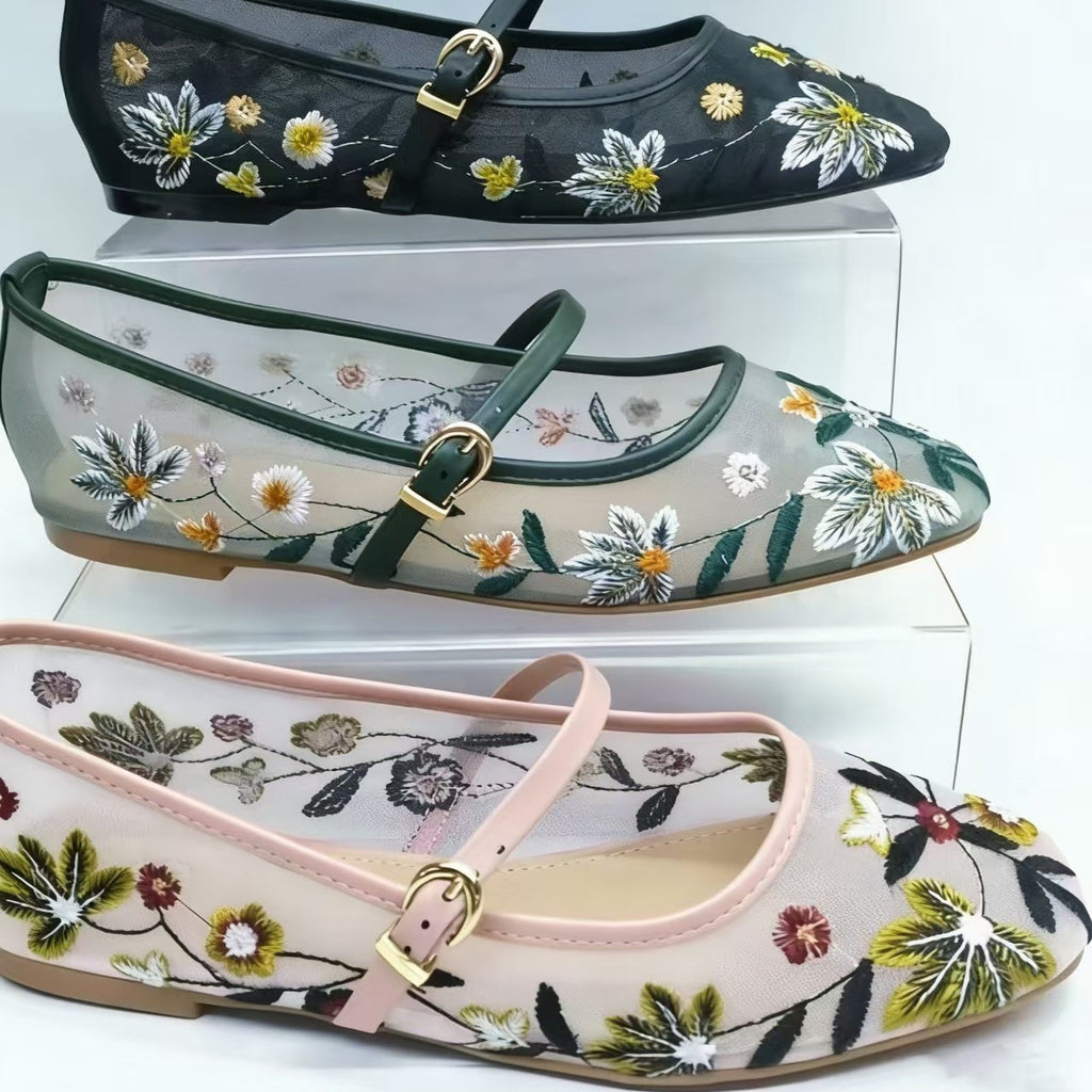 Rundzehen Blumenstickerei Mesh Flachschuhe