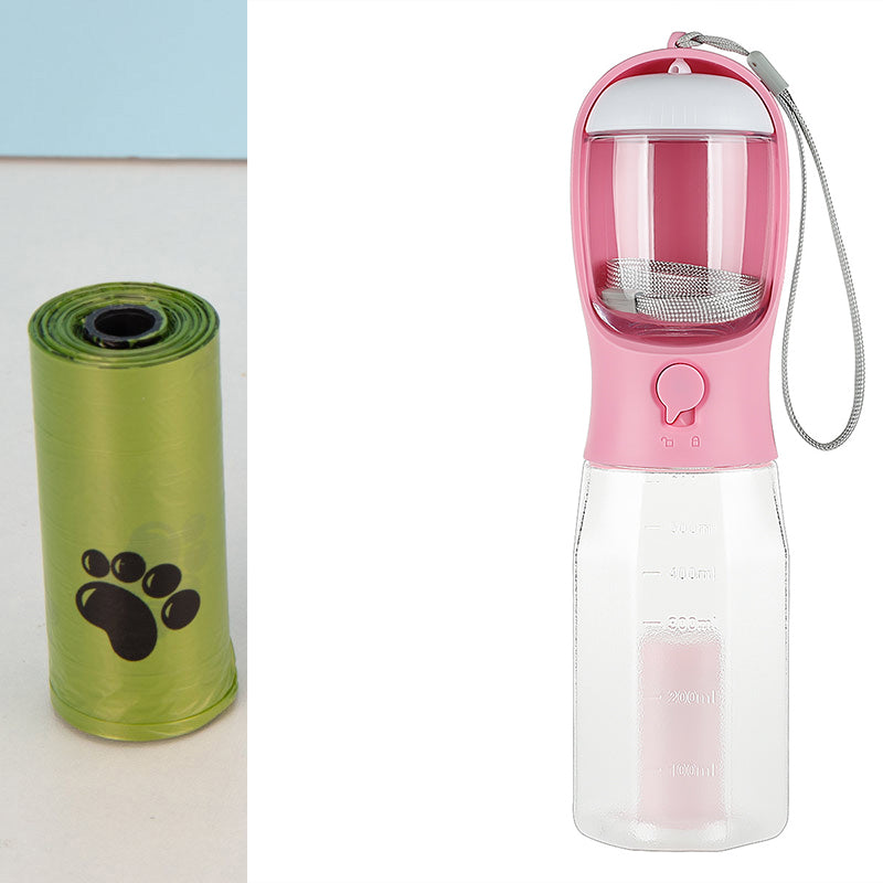 3-in-1 Trinkflasche für Haustiere mit Futter & Kotbeutel