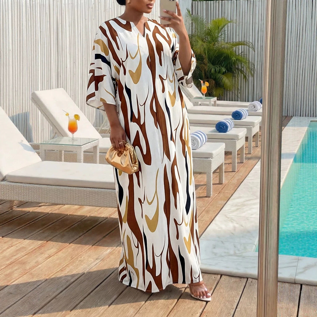 Elegantes V-Ausschnitt A-Linien Kleid mit Print