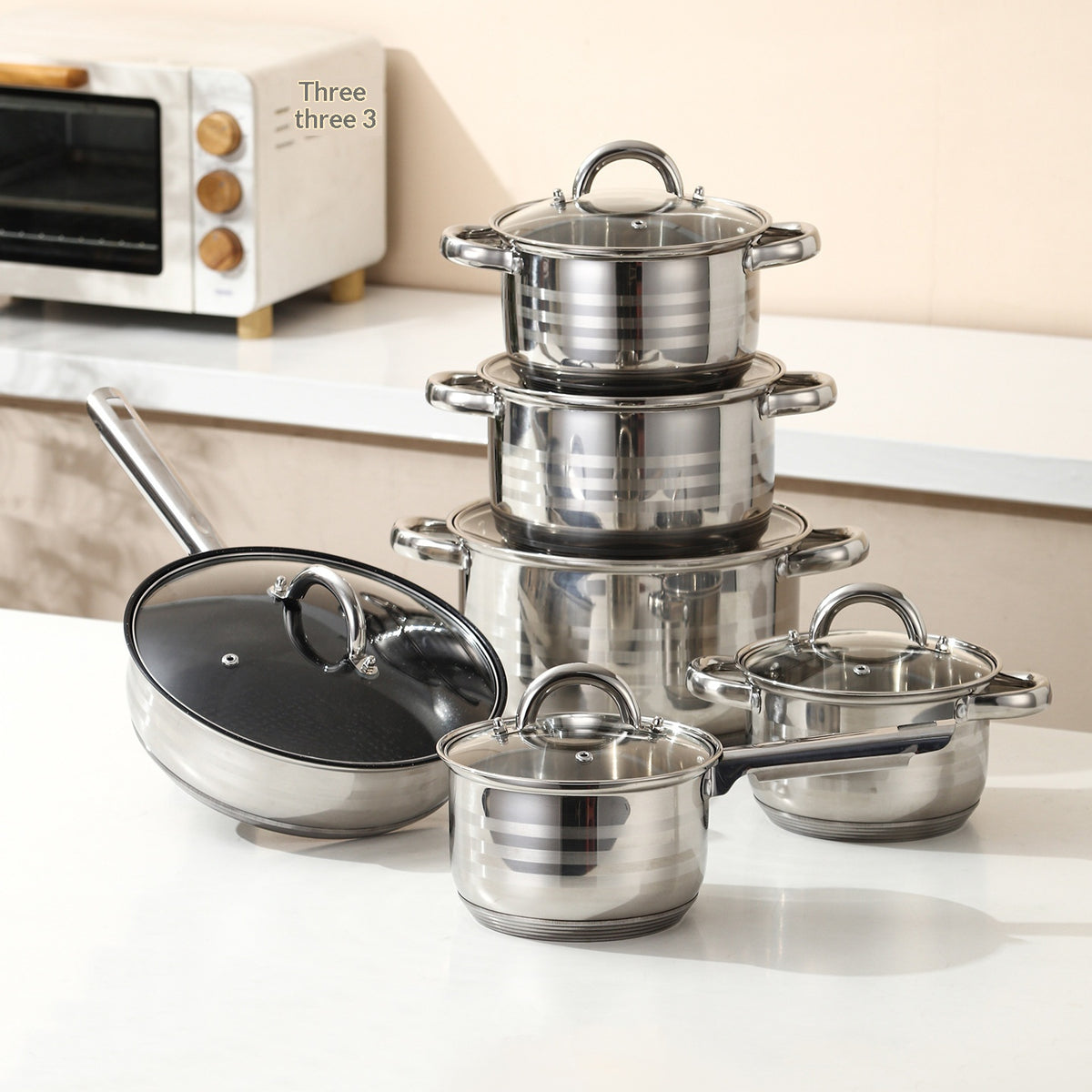 12‑teiliger Kochset aus 410 Edelstahl mit Glasdeckeln · 12 Stück | LuxeStyle