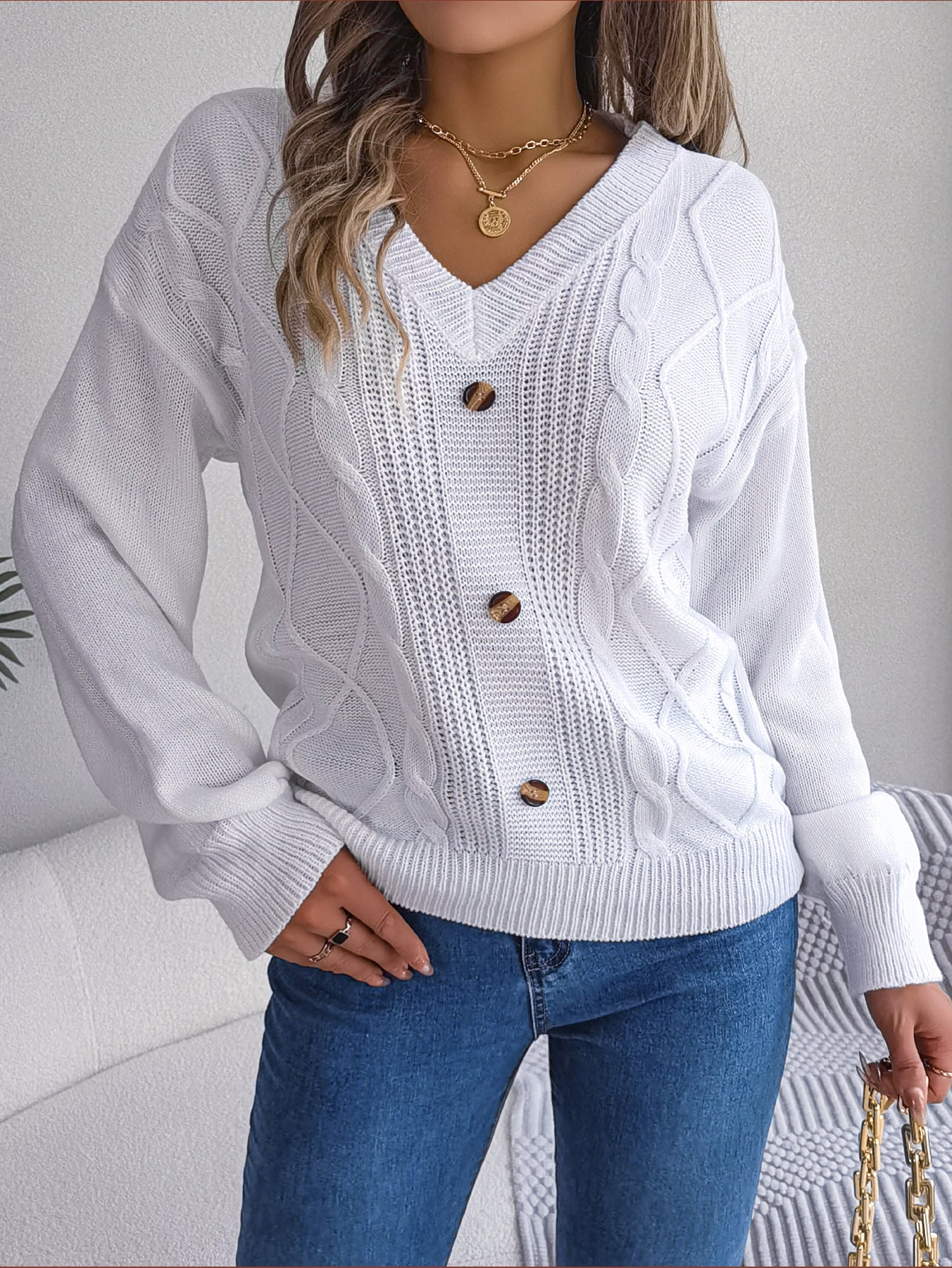 V-Ausschnitt Strickpullover mit Ballonärmeln – Ansicht 4
