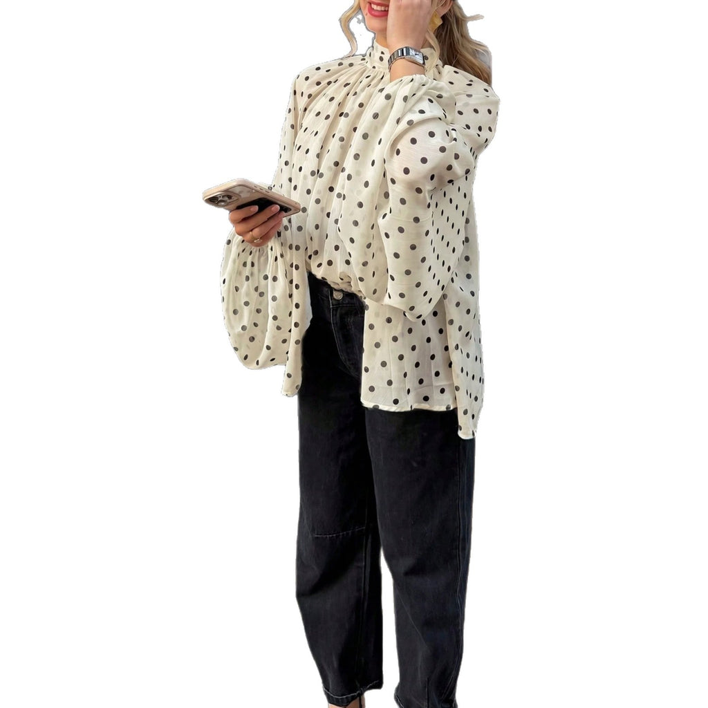 Retro Polka-Dot Langarmshirt mit Stehkragen