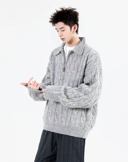 Retro Half-Zip Pullover mit Fischgratmuster