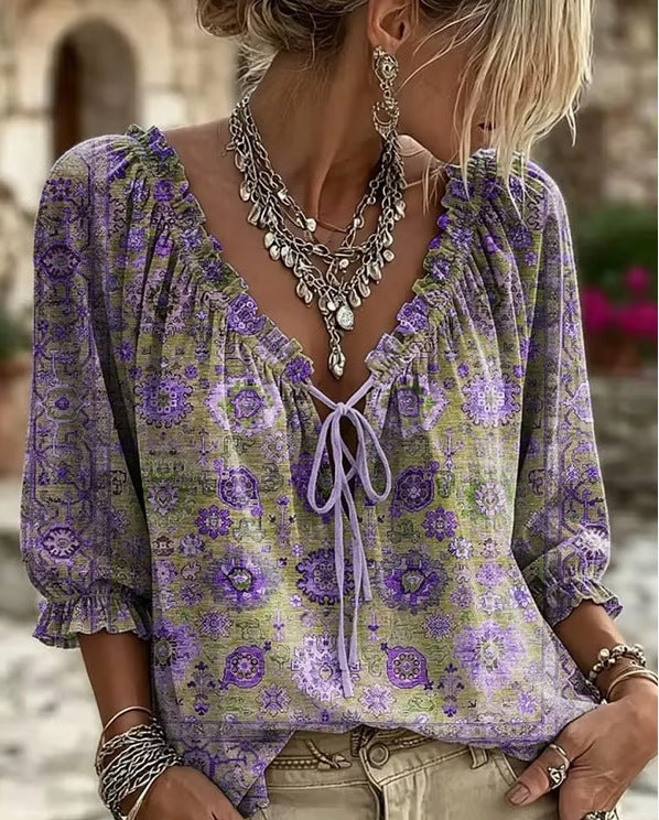 V-Neck Leinen-Imitat Bluse mit Print und Bindeband