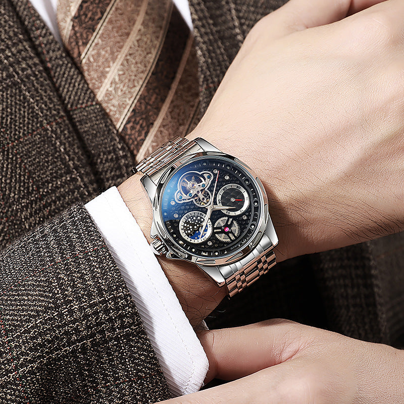 Wasserdicht Leuchtend Luxus-Trend Automatik Leder-Stahl-Armbanduhr