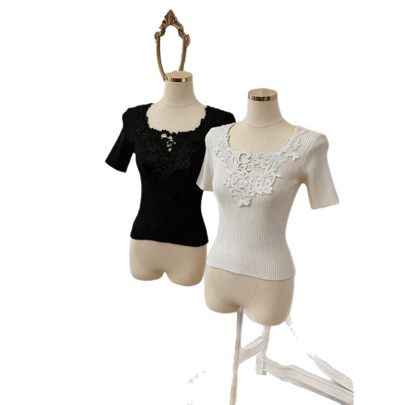 V-Ausschnitt Stricktop mit Spitzen-Panel