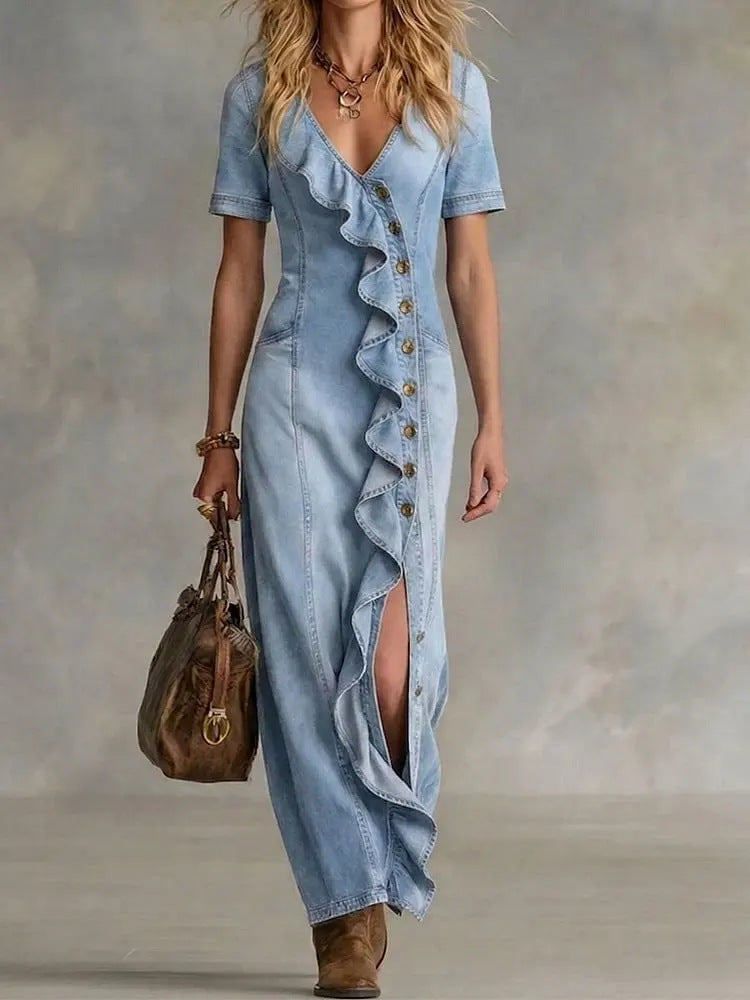 Retro Denim V-Ausschnitt Rüschenkleid – Bild 8 | LuxeStyle