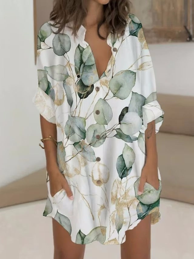 Midi-Hemdblusenkleid mit Blumenprint und Taschen