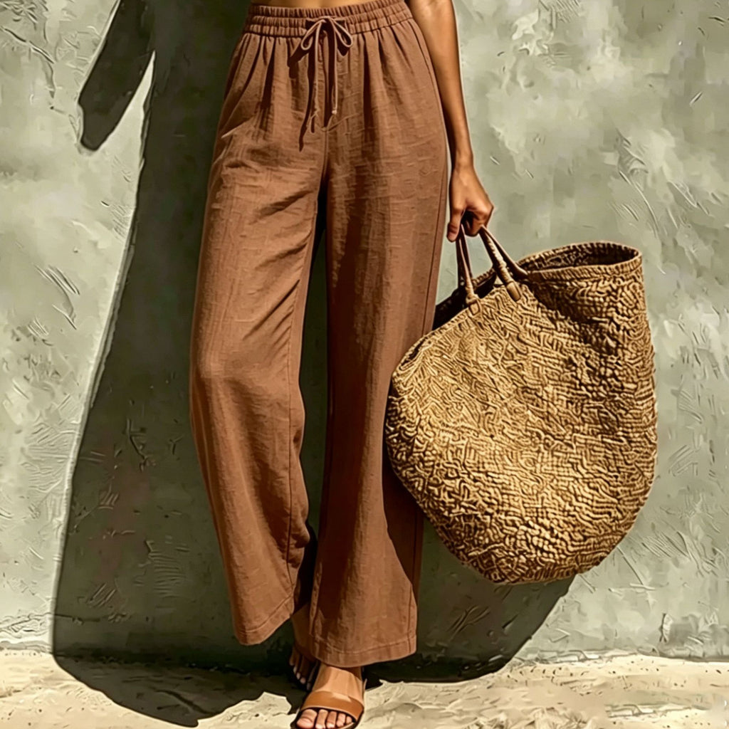 High-Waist Hose mit weitem Bein und Kordelzug – Braun