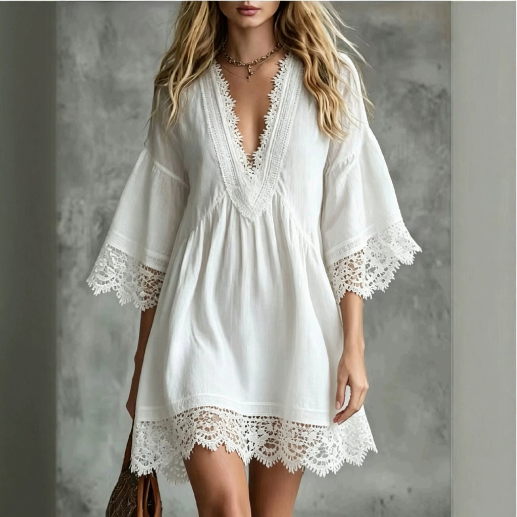 Elegantes Midi-Kleid mit V-Ausschnitt & Spitze