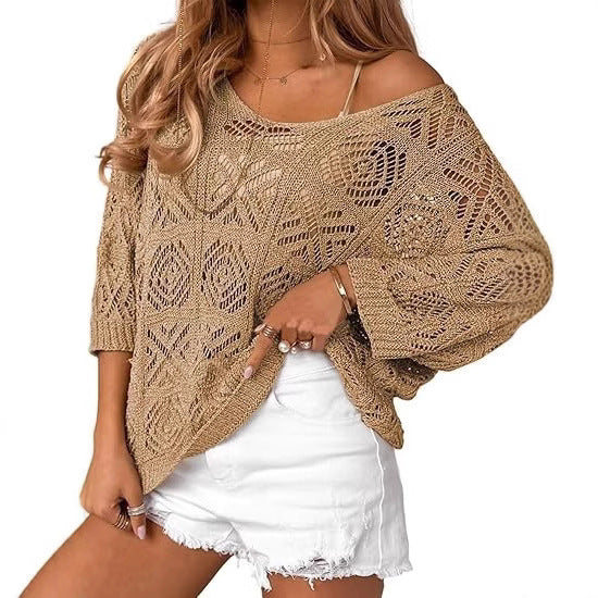 Gehäkelter Pullover mit Dreiviertelärmeln