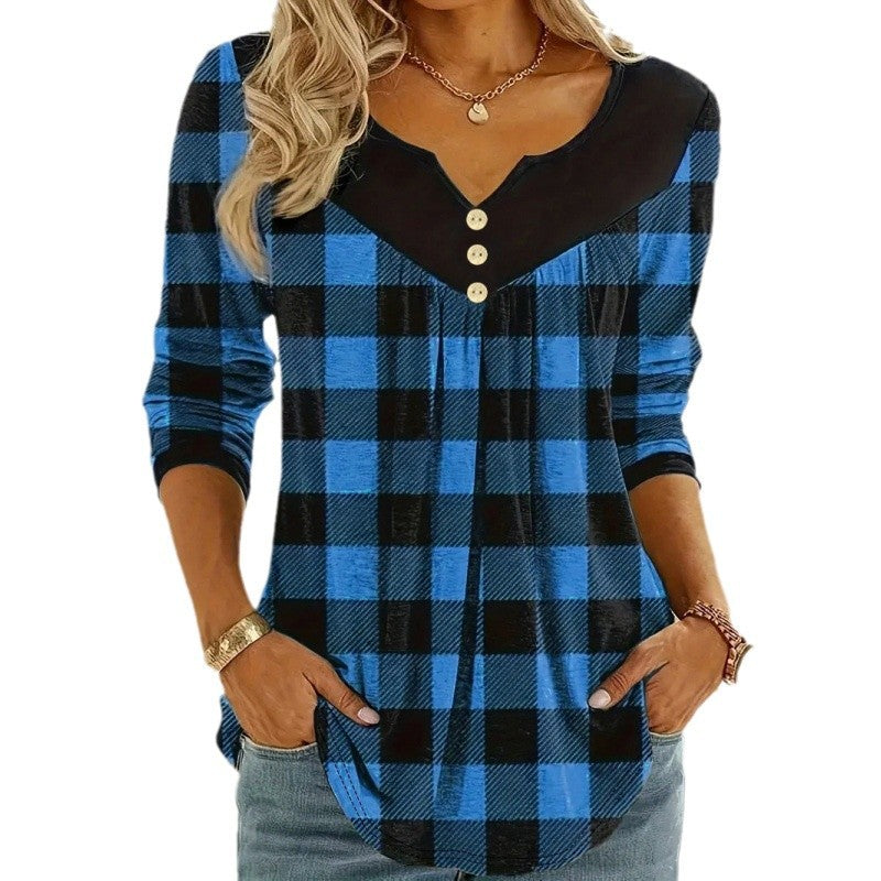 Lässiges Langarmshirt mit Falten und Karomuster