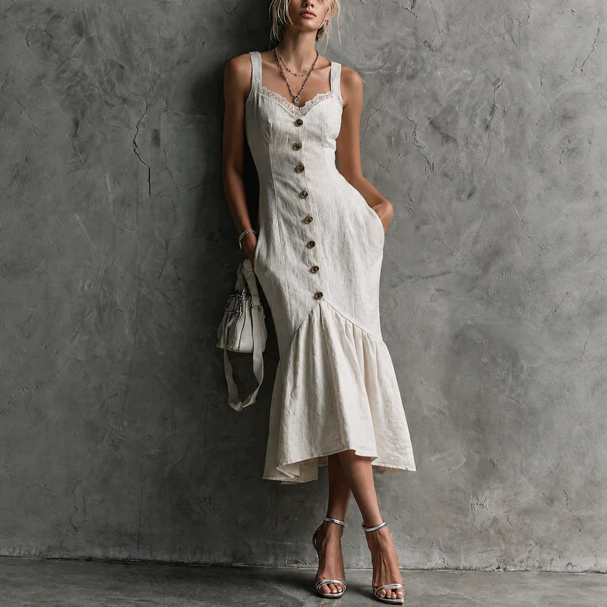 Langes Fishtail-Kleid mit Spitze und Knopfleiste – Bild 9 | LuxeStyle