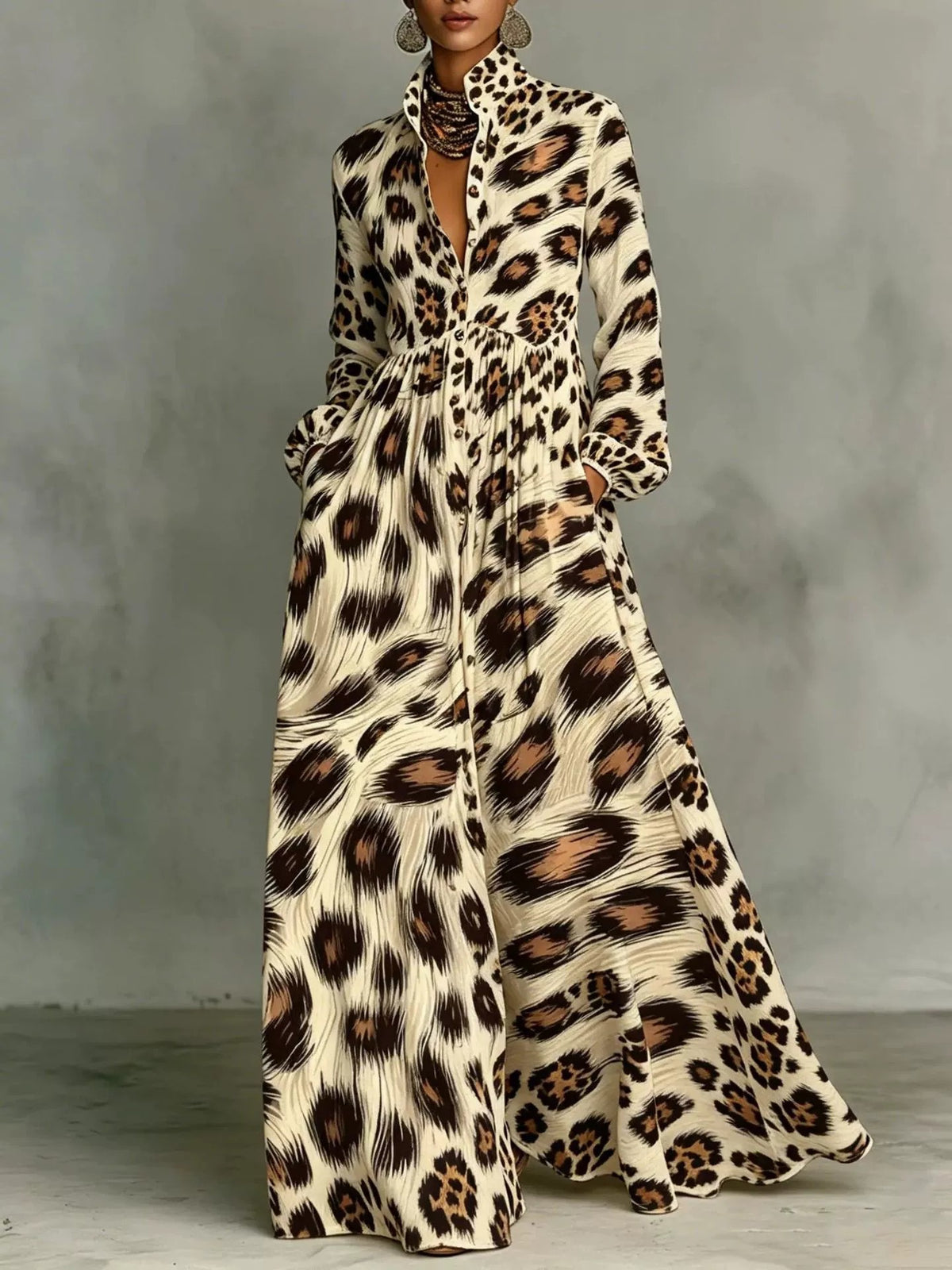 Maxikleid mit Stehkragen und Vintage-Print – Bild 2 | LuxeStyle