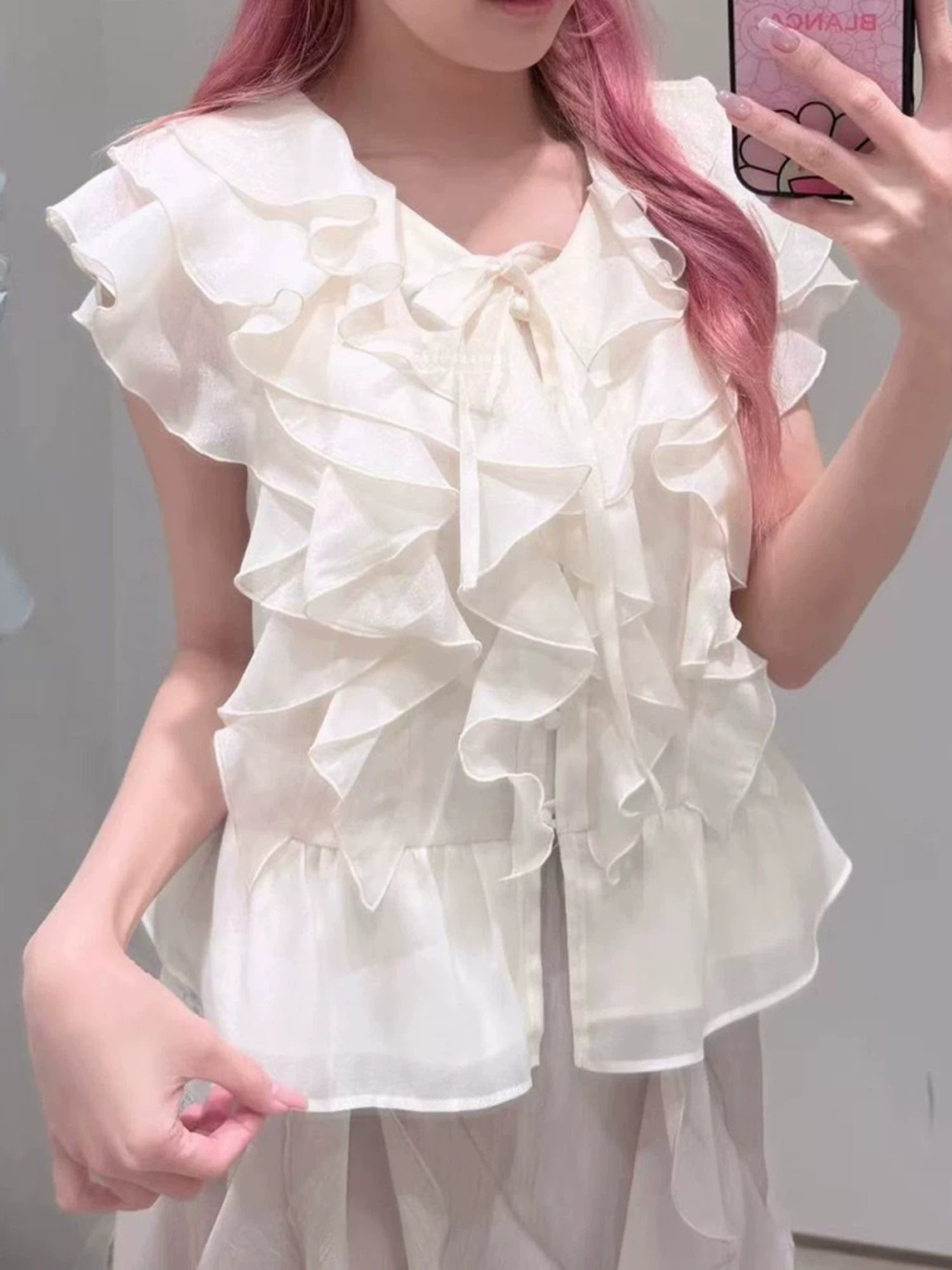 Bluse mit Blütenprint, Rüschen und Schleife
