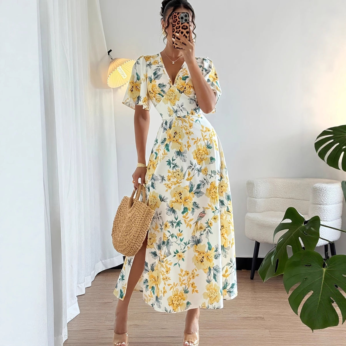 Tailliertes A-Linien Midikleid mit Blumendruck – Bild 3 | LuxeStyle
