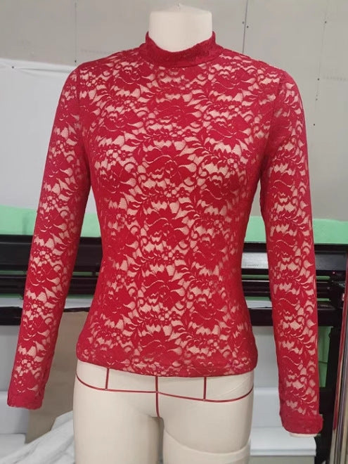 Rotes Langarmshirt mit Spitze und Stehkragen