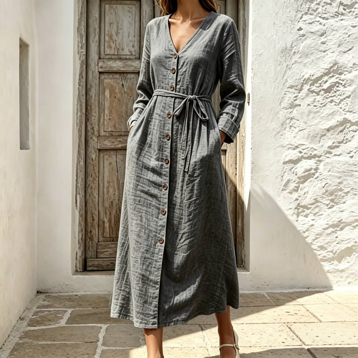 Baumwoll-Leinen V-Ausschnitt Kleid – Bild 3 | LuxeStyle