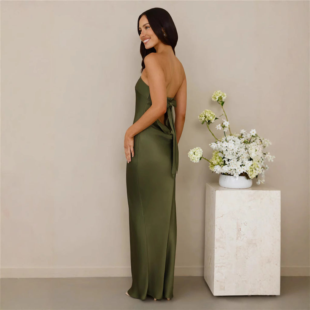 Damen rückenfreies Satin-Maxikleid