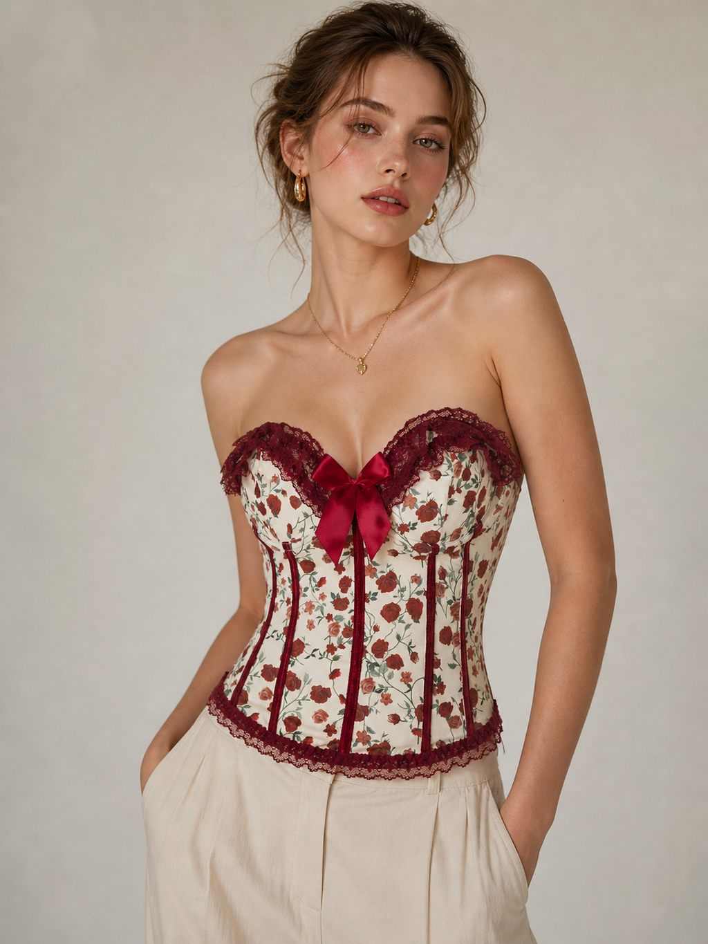 Korsett-Top mit Rosenprint und Schleife
