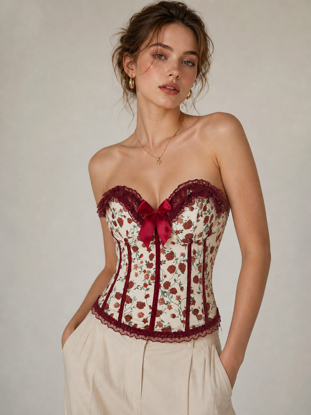 Korsett-Top mit Rosenprint