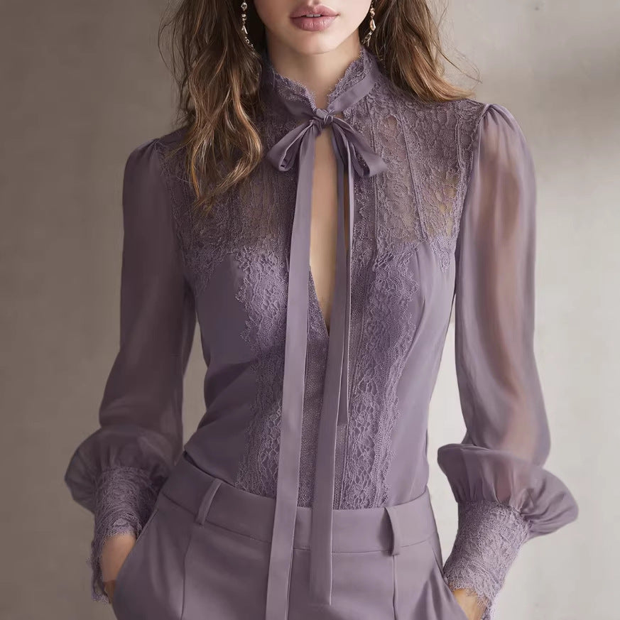 Leichte Bluse mit Spitze und langen Ärmeln – Bild 7 | LuxeStyle