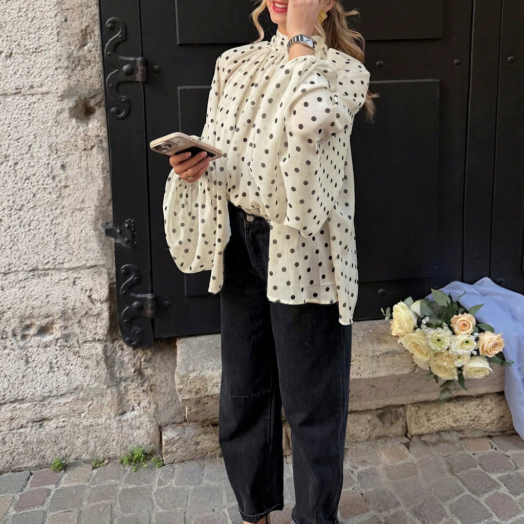 Retro Polka-Dot Langarmshirt mit Stehkragen