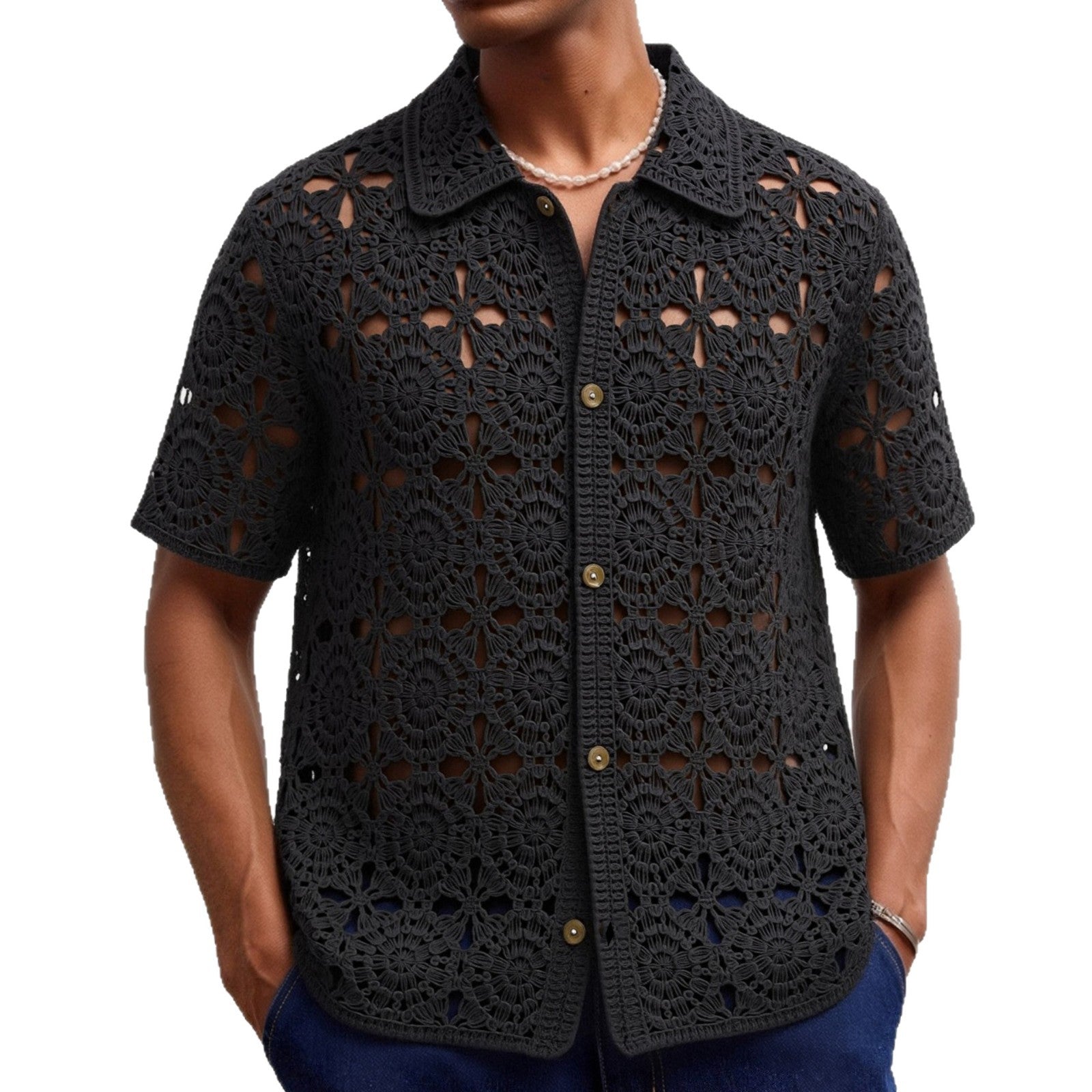 Herren Sommer Kurzarm-Crochet-Shirt