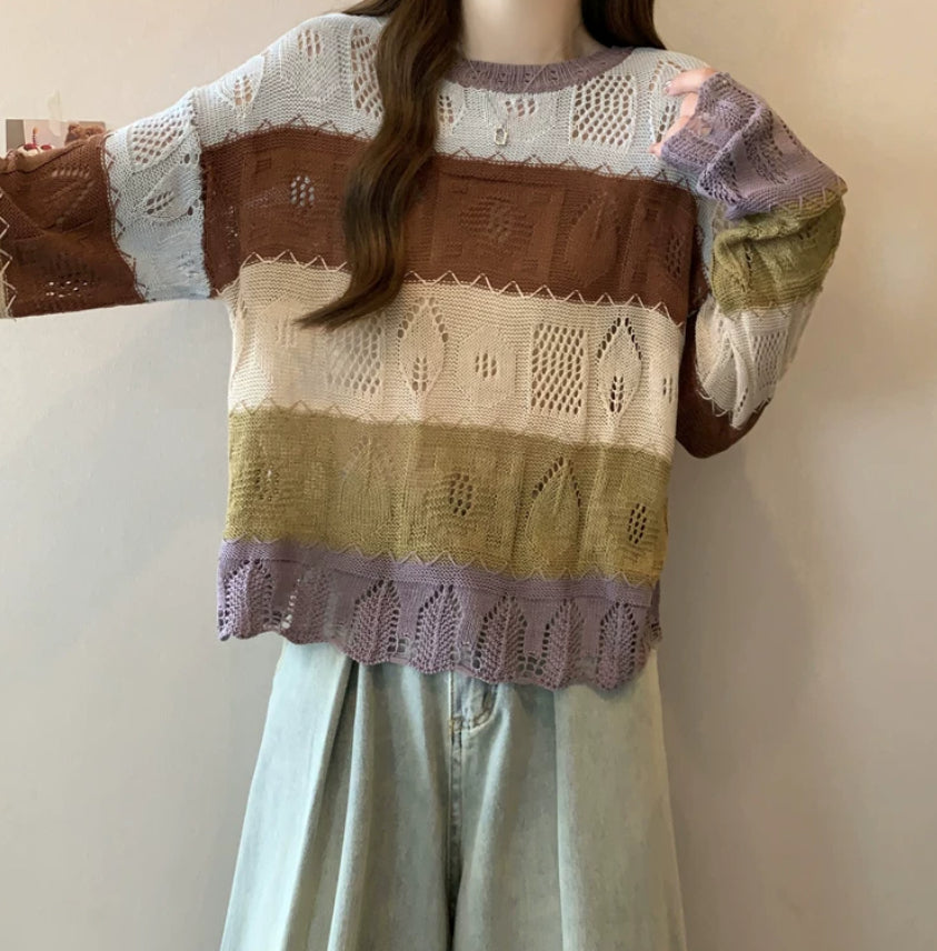 Damen Langarm Strickpullover mit bunten Streifen