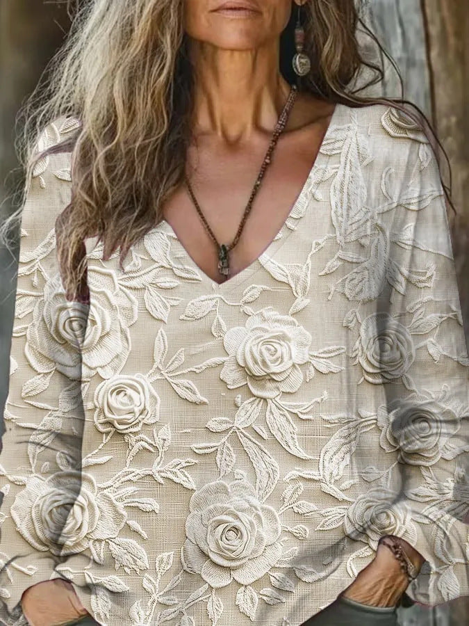V-Neck Langarm-Pullover mit lockerem Print